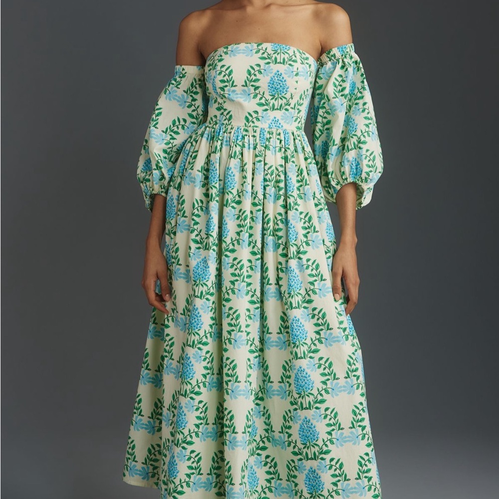 Anthropologie Off-Shoulder Blue and Green Floral Dress